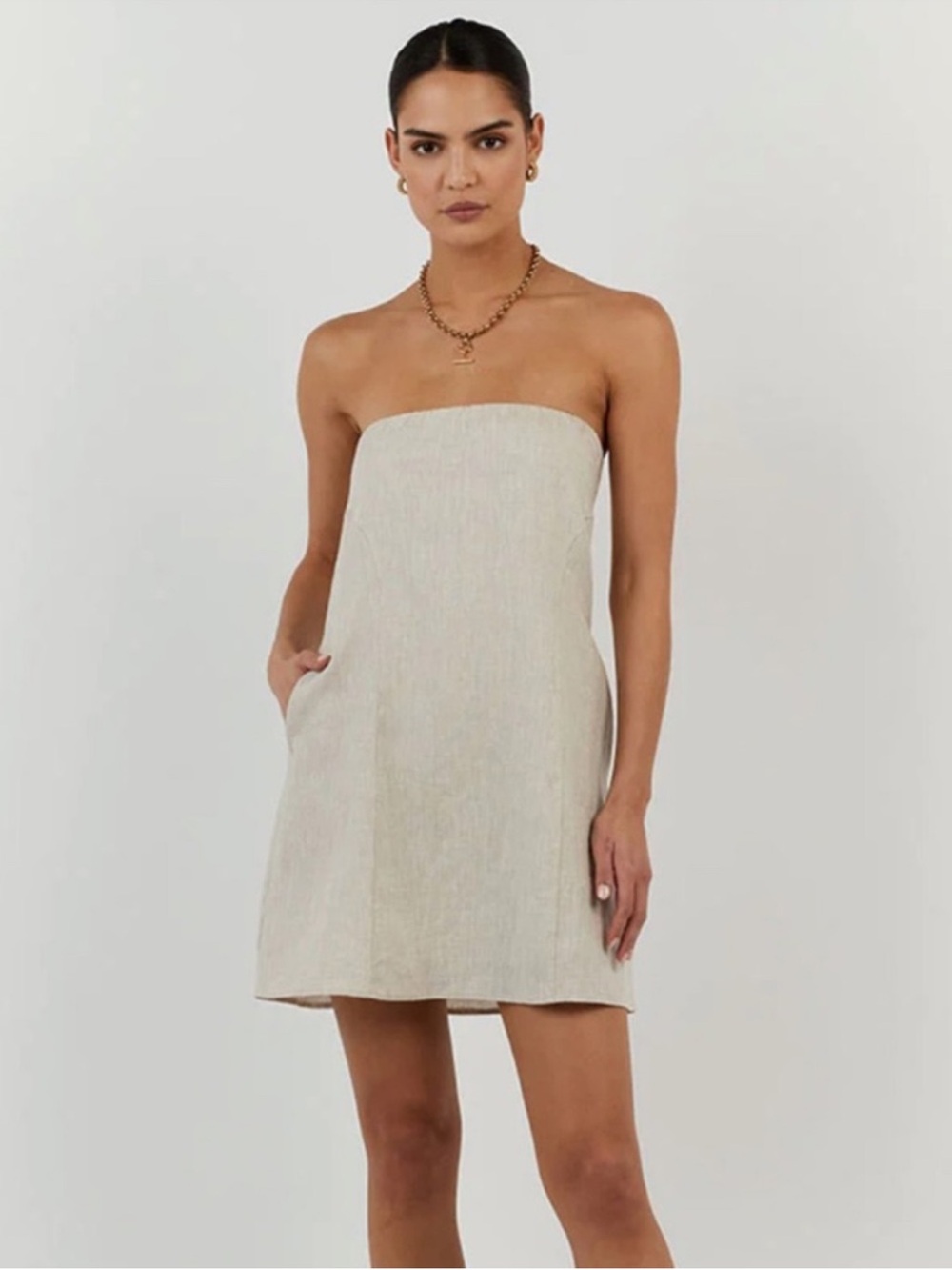 DISSH Daphne Linen Strapless Mini Dress with Pockets Size 6 Natural Oatmeal